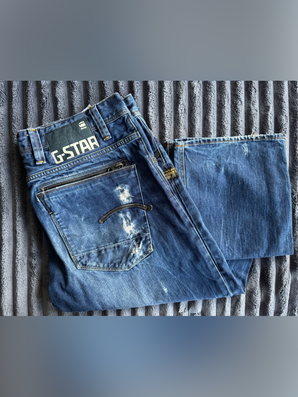 G-Star Men's Dark Blue Slim Straight Jeans with Distressed Details